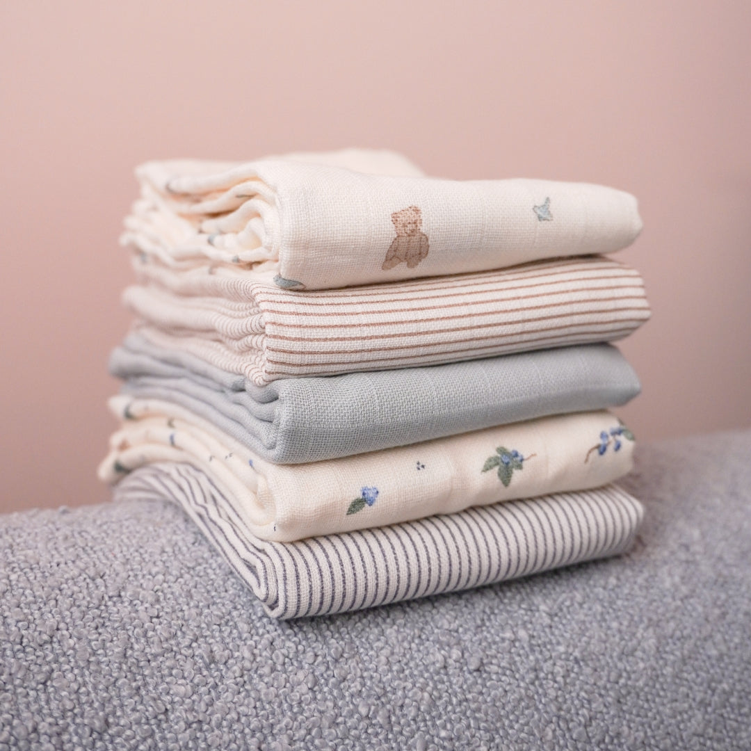 Langes en mousseline, set de 3 - GOTS Mix Classic Stripes Blue, Praline, Blanc crème