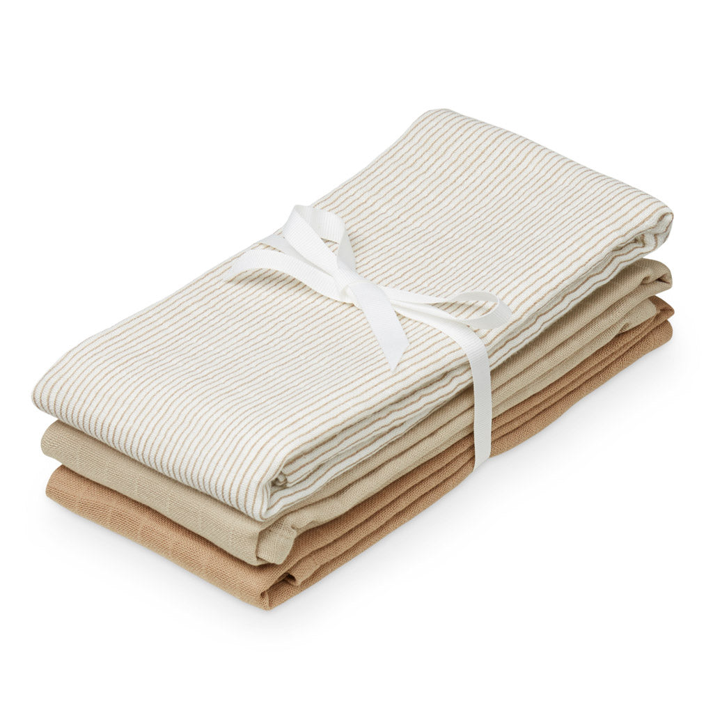 Langes en mousseline, set de 3 - GOTS Mix Rayures marron