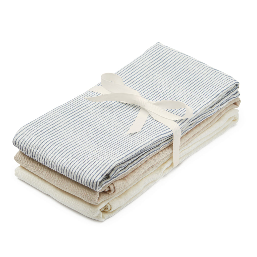 Langes en mousseline, set de 3 - GOTS Mix Classic Stripes Blue, Praline, Blanc crème