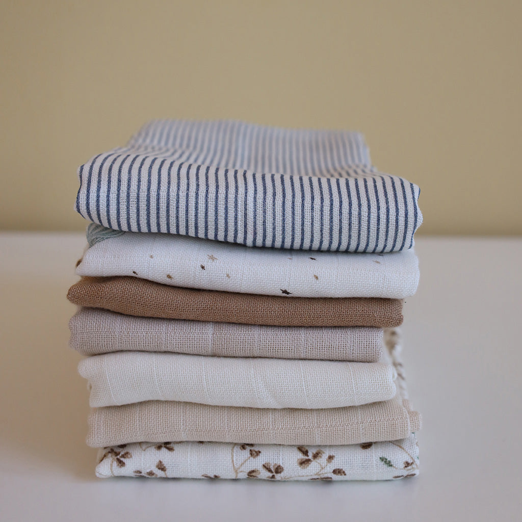 Langes en mousseline, set de 3 - GOTS Mix Classic Stripes Blue, Praline, Blanc crème