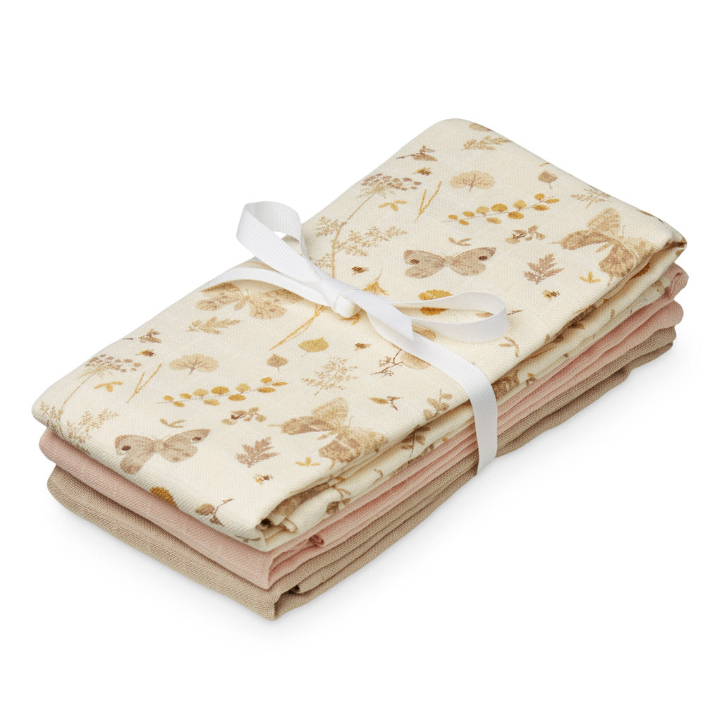 Langes en mousseline, set de 3 - GOTS  Mix Butterflies, Coral, Latte