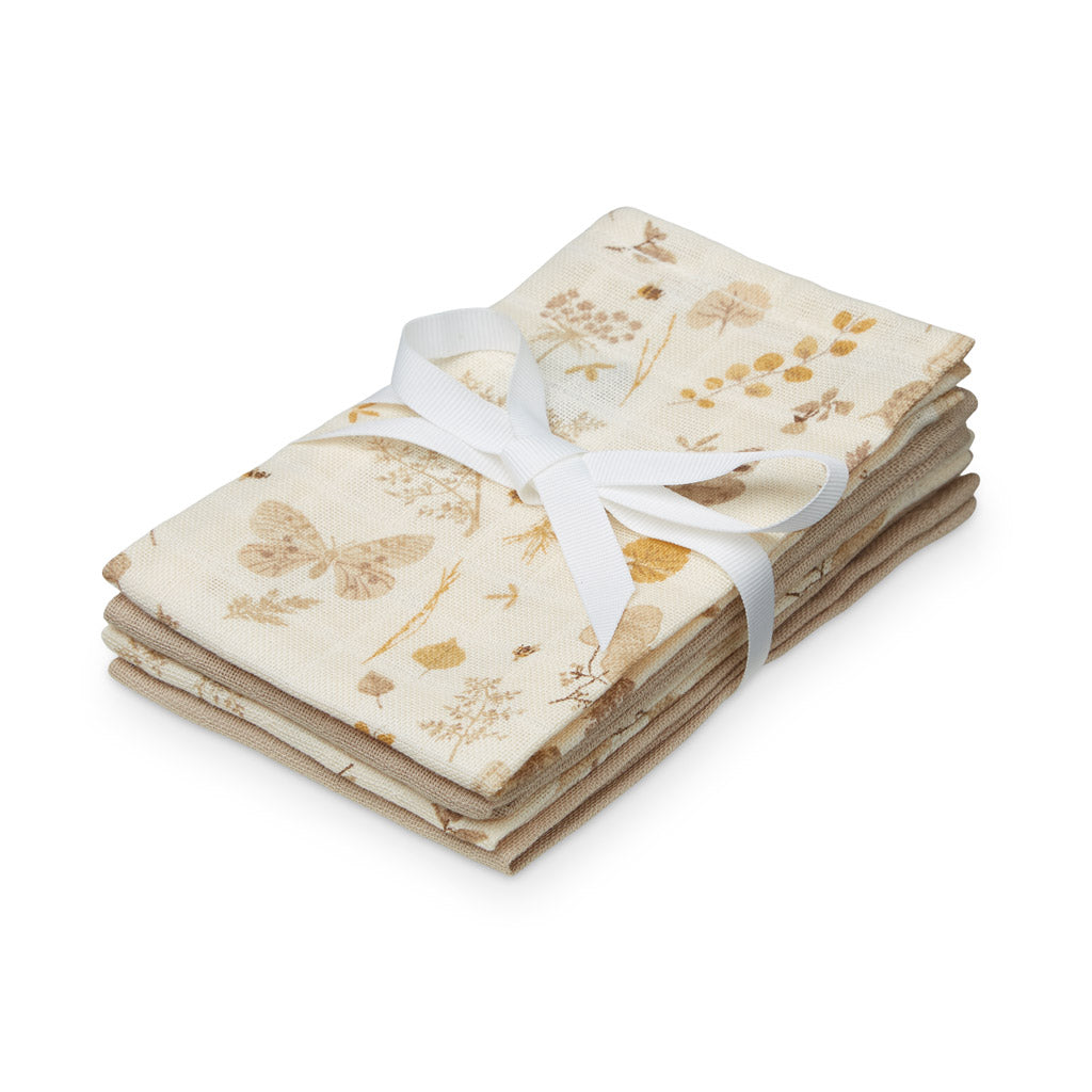 Lingettes de Toilette en Mousseline, paquet de 4 - GOTS Mix Butterflies, Latte