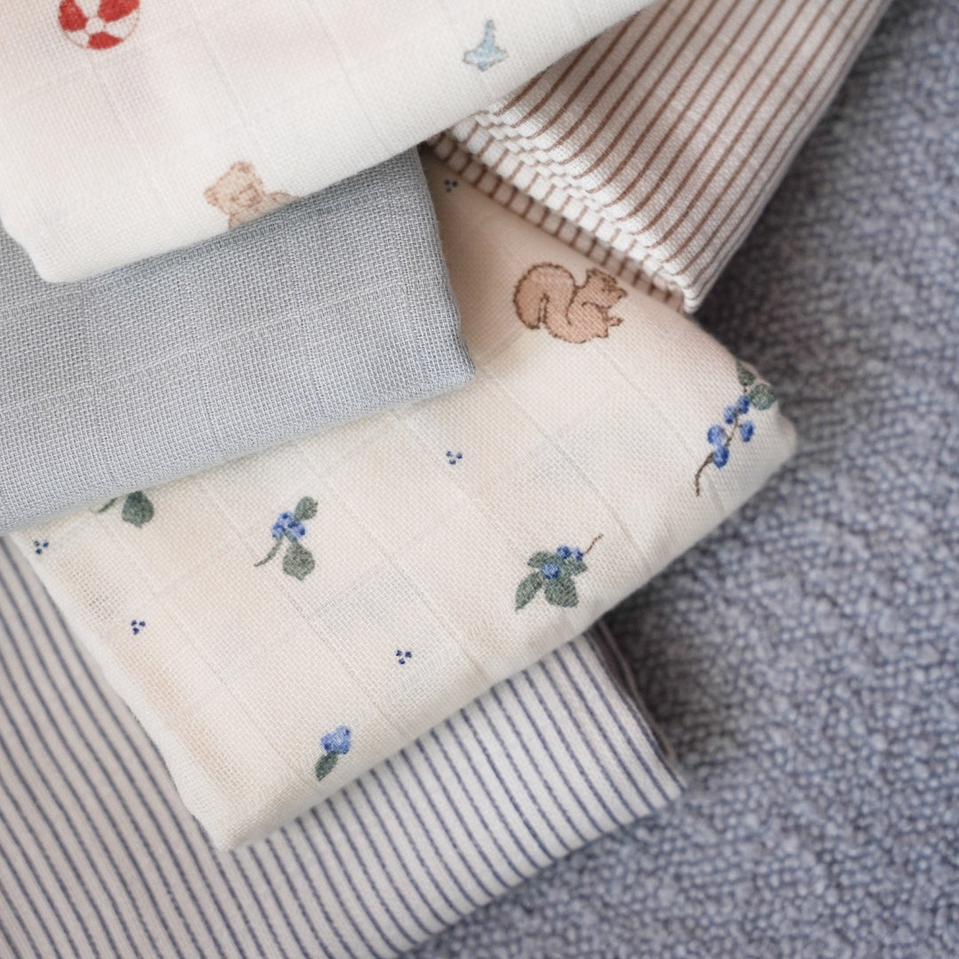 Langes en mousseline, set de 3 - GOTS Mix Classic Stripes Blue, Praline, Blanc crème
