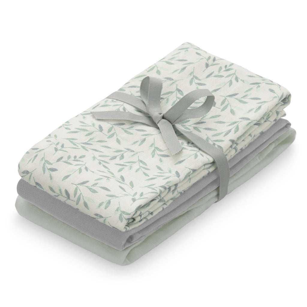 Muslin Cloth, 3-pack - GOTS Mix Green Leaves, Dusty Green, Grey