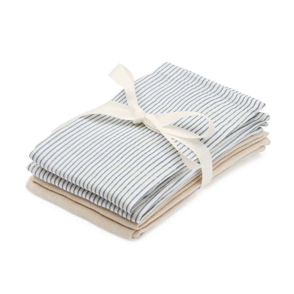 Lingettes de Toilette en Mousseline, paquet de 4 - GOTS Mix Classic Stripes Bleu, Praline